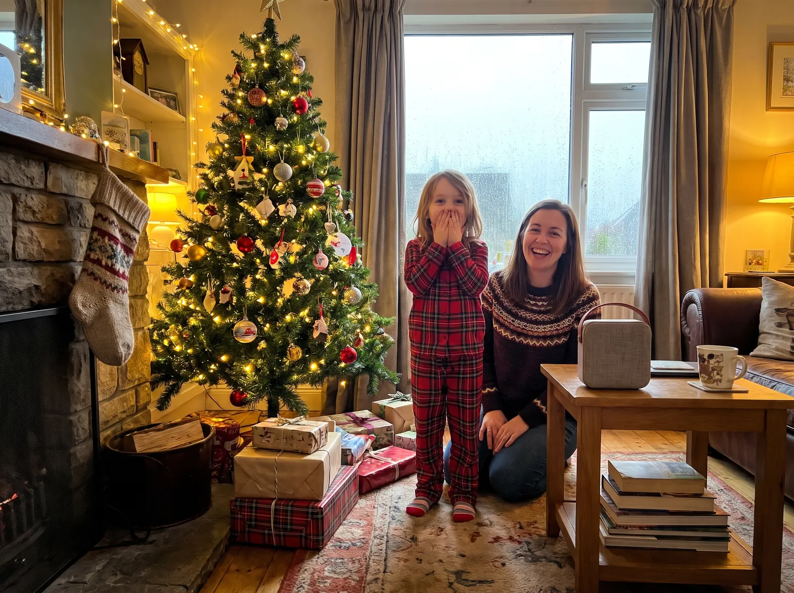 Ein Mädchen im Schlafanzug am Weihnachtsbaum hört ihren Namen in einem Lied und schlägt die Hände vor den Mund; hinter ihr lächelt ihre Mama