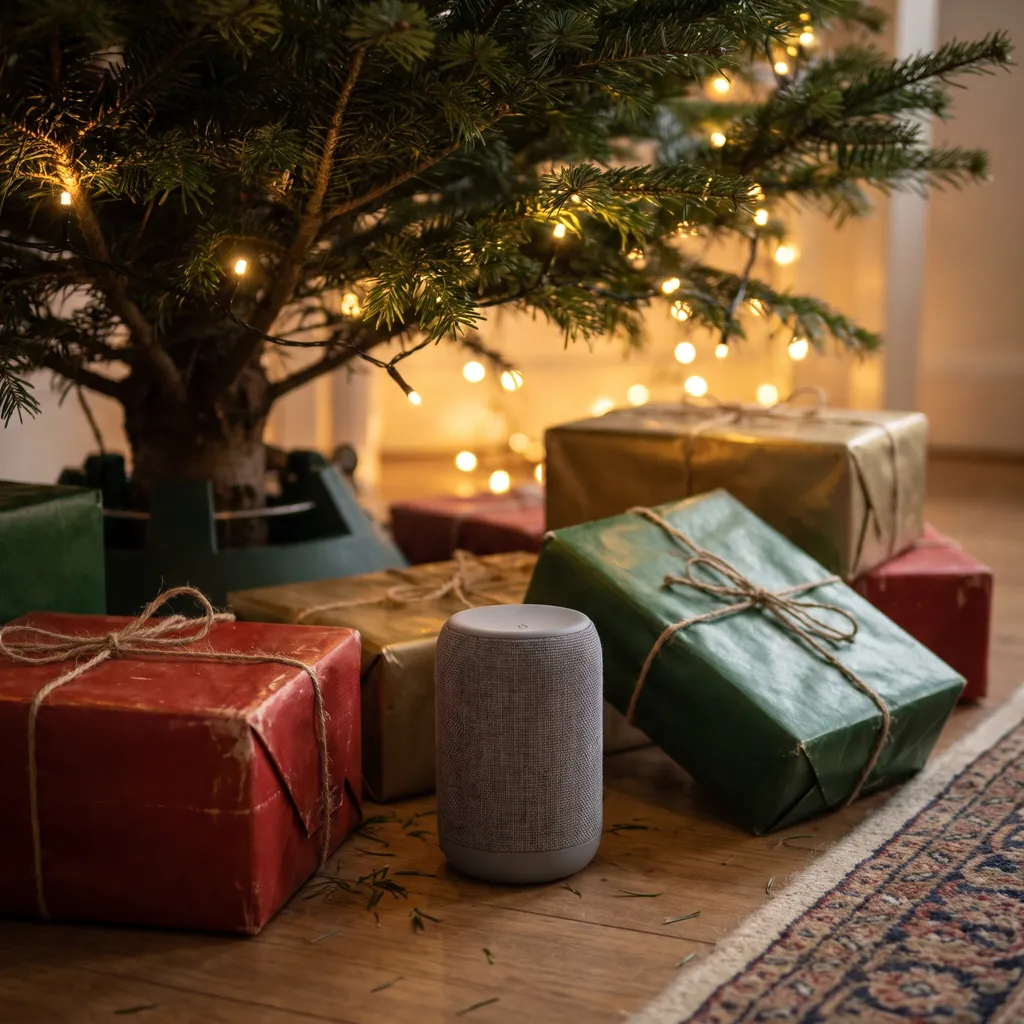 Ein kleiner Lautsprecher zwischen eingepackten Geschenken unter einem Weihnachtsbaum mit warmen Lichtern