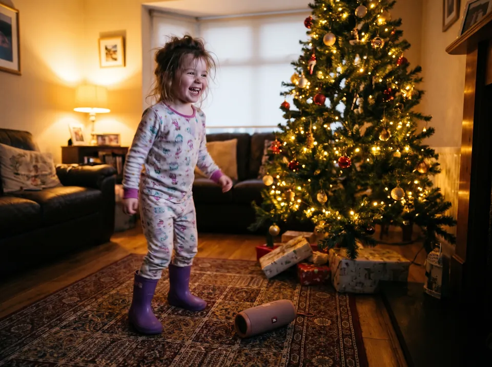 Ein kleines Mädchen im Schlafanzug und mit lila Gummistiefeln hört am Weihnachtsbaum lachend einem Lautsprecher zu