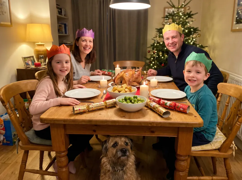Eine Familie mit Papierkronen lacht am Weihnachtstisch, während der Hund unter dem Tisch wartet