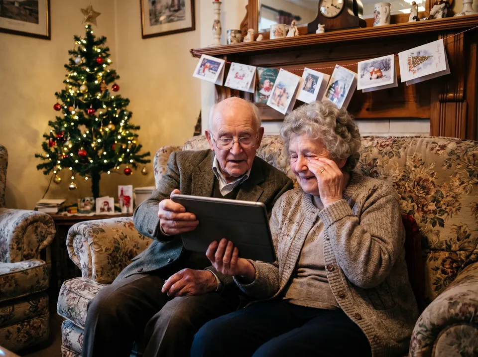 Oma und Opa hören auf dem Sofa ein Lied auf dem Tablet; sie wischt sich eine Träne weg