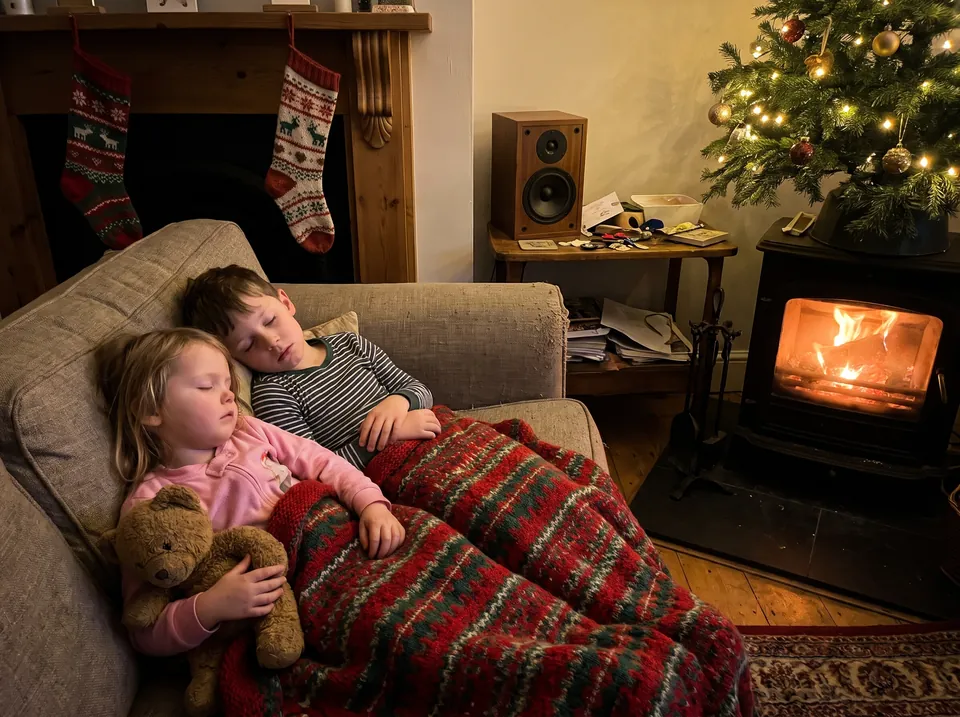Zwei Kinder schlafen unter einer Weihnachtsdecke, am Kamin hängen zwei Strümpfe